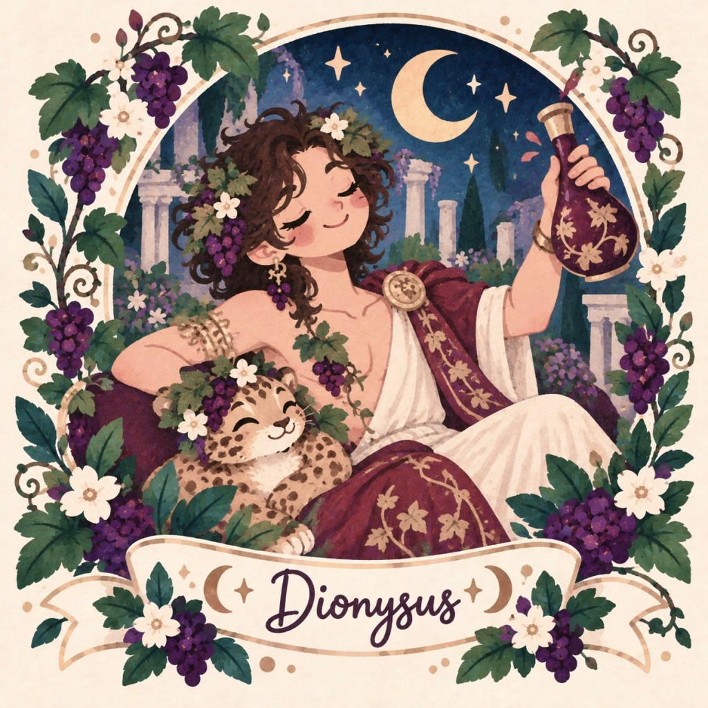 Whimsical hand-painted illustration of Dionysus, Greek god of wine and theater, smiling with his eyes closed and raising a purple wine bottle beside a leopard cub and grapevines.