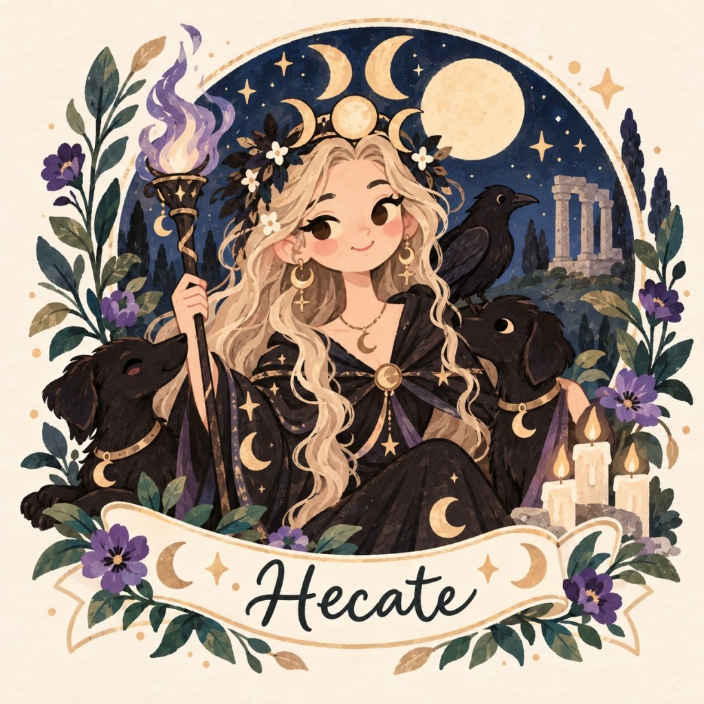 Whimsical hand-painted illustration of Hecate, Greek goddess of witchcraft, holding a purple-flamed torch beside two black dogs and a raven beneath a moonlit sky.