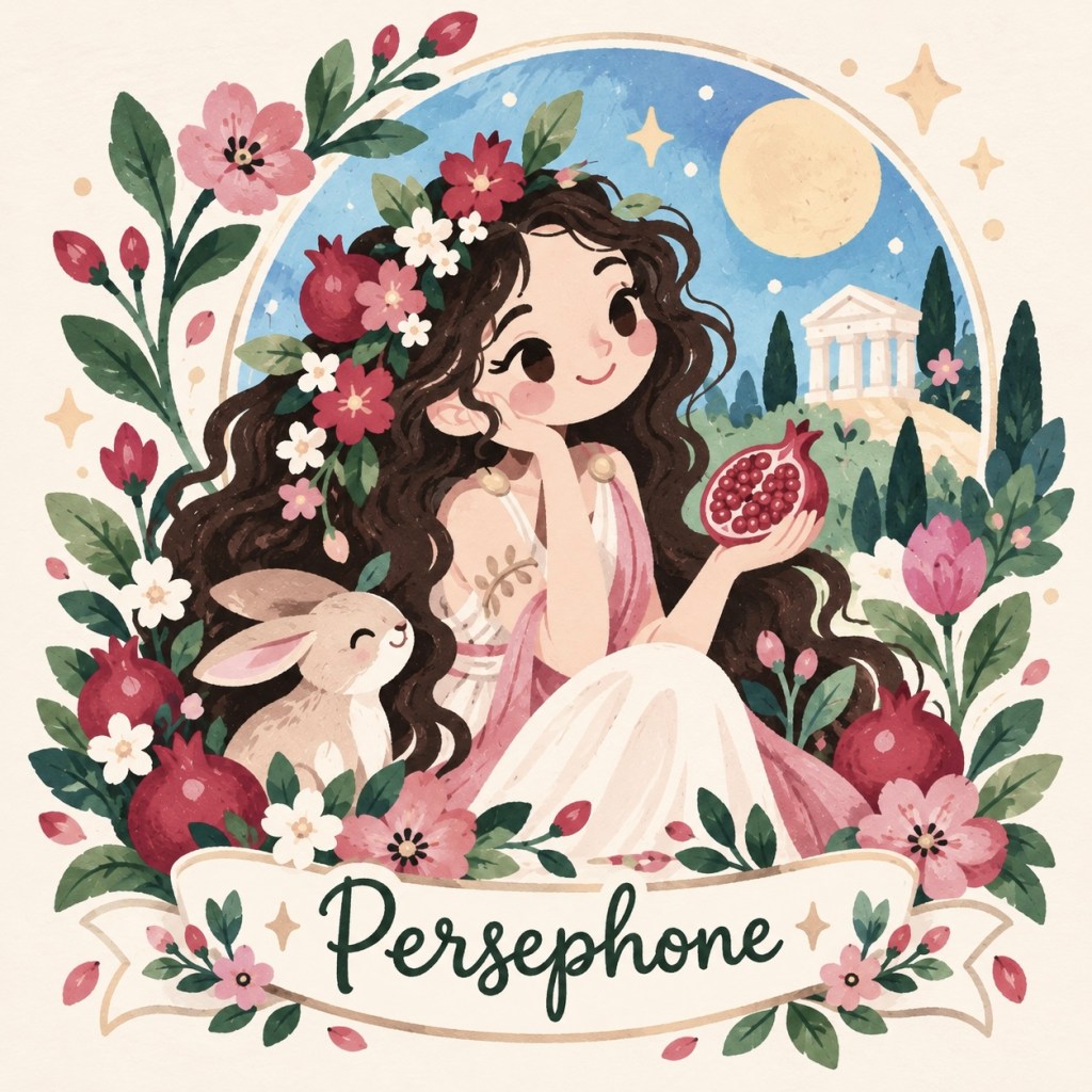 Whimsical illustration of Persephone, Greek goddess of spring and queen of the Underworld, holding a pomegranate among pink flowers with a small rabbit beside her.