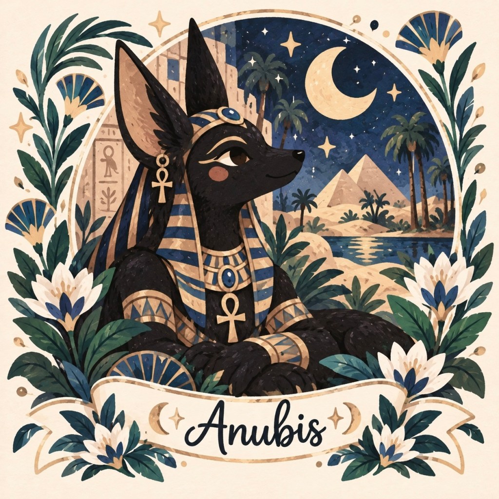 Whimsical hand-painted illustration of Anubis, the jackal-headed Egyptian god, wearing blue and gold ceremonial adornments amid lotus flowers and an Egyptian night landscape.