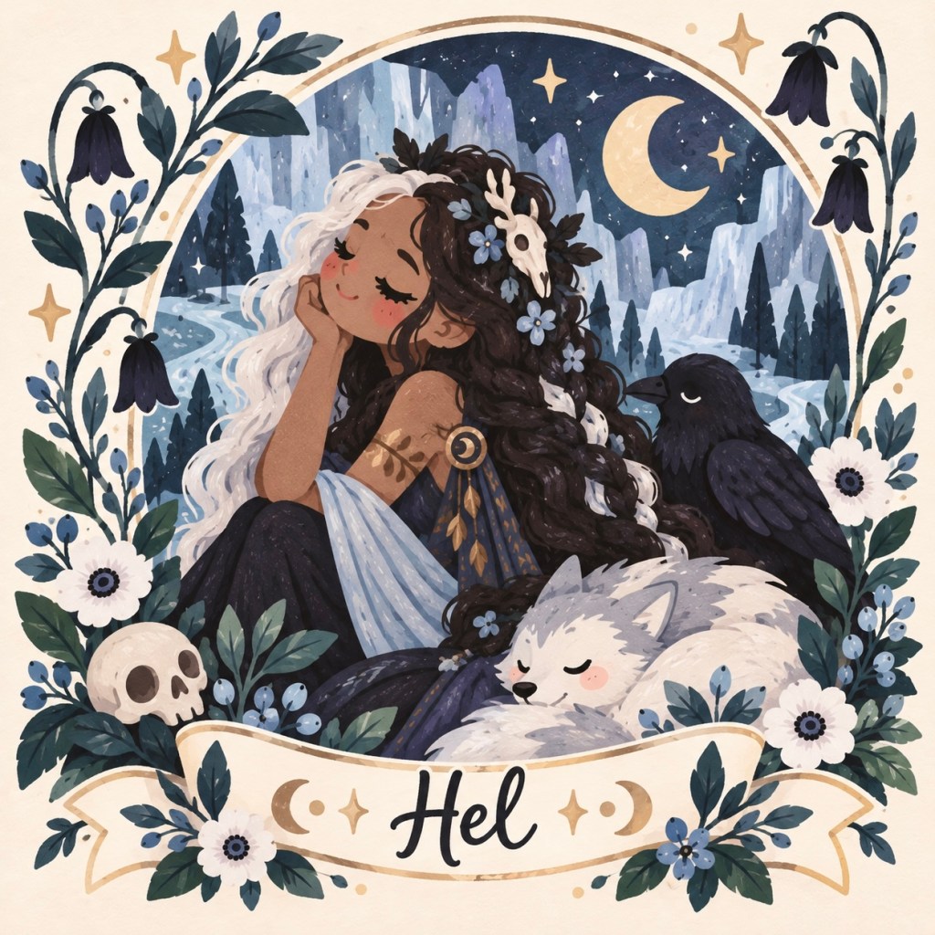 Whimsical illustration of Hel, Norse goddess of the dead, with dark and white hair, resting beside a white wolf and a black raven in a snowy landscape.